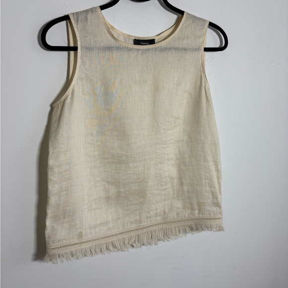 Theory 100% Linen Fringe Top S Cream Minimalist Sleeveless - Picture 3 of 8